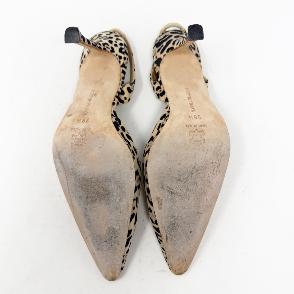 Manolo Blahnik Carolyne Leopard Print Canvas Slingback Heels Womens Size EU 38.5 - Picture 8 of 9